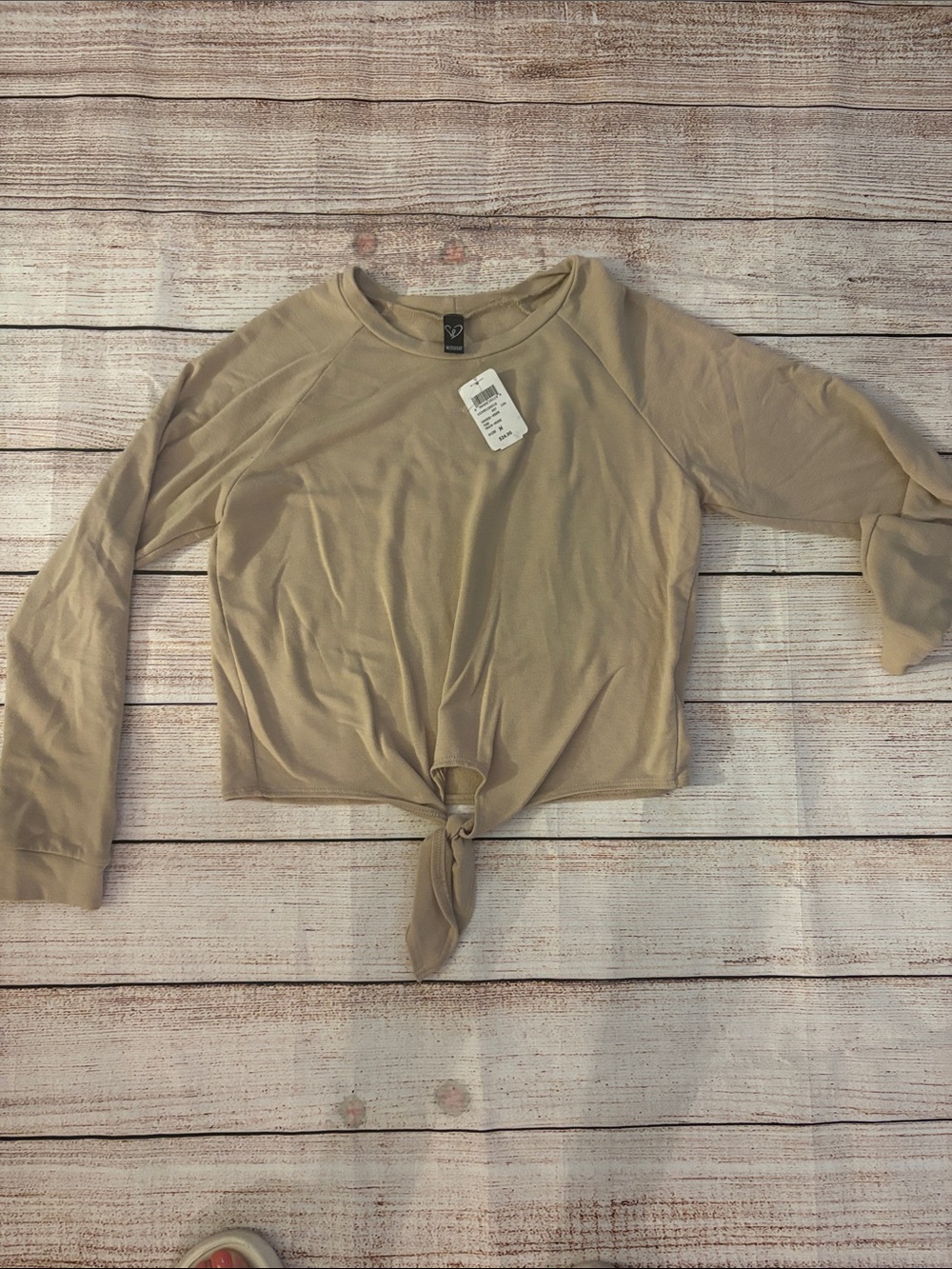 Windsor Beige Tie-Front Long Sleeve Crop Top